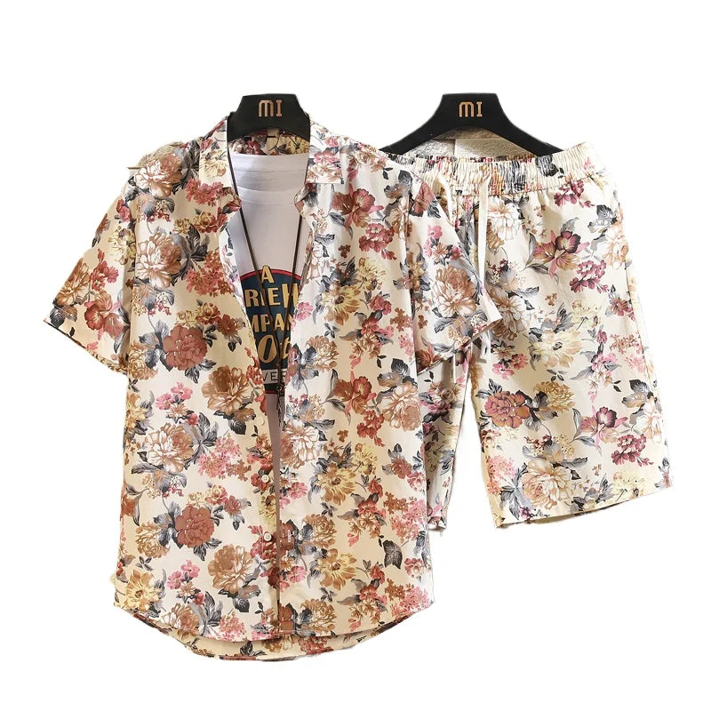 Men'ssummer Tropicalprinted Short Sleeved Shirt and Shorts Setcasual and Fashionablesuitable for Beach Vacationsand Dailyoutings