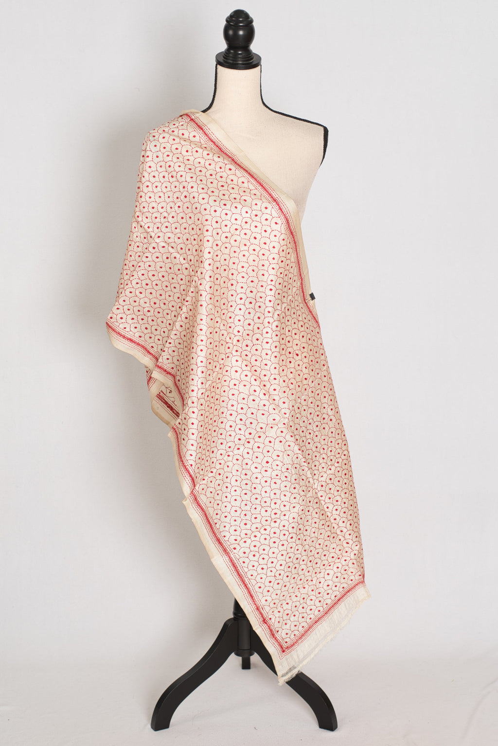 Dhriti | Hand Embroidered Kantha Pure Tussar Silk Stole in Beige & Red