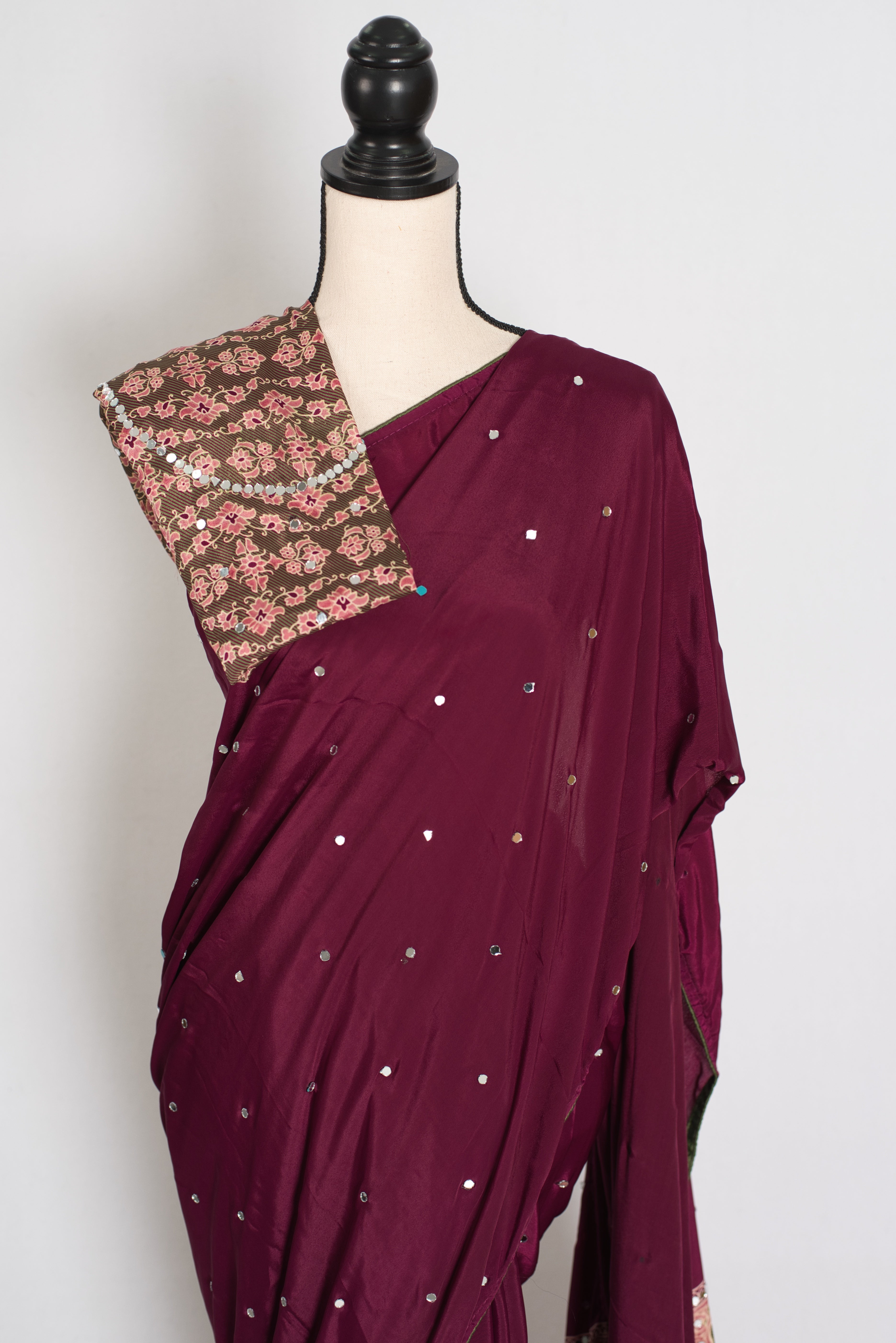 Naheed | Wine Color Mirror Work Partywear Ajrakh Saree | Bollywood Inspired