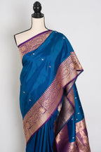 Mahi | Royal Blue Pure Katan Silk Banarasi Saree with 40 Size Stitched Blouse