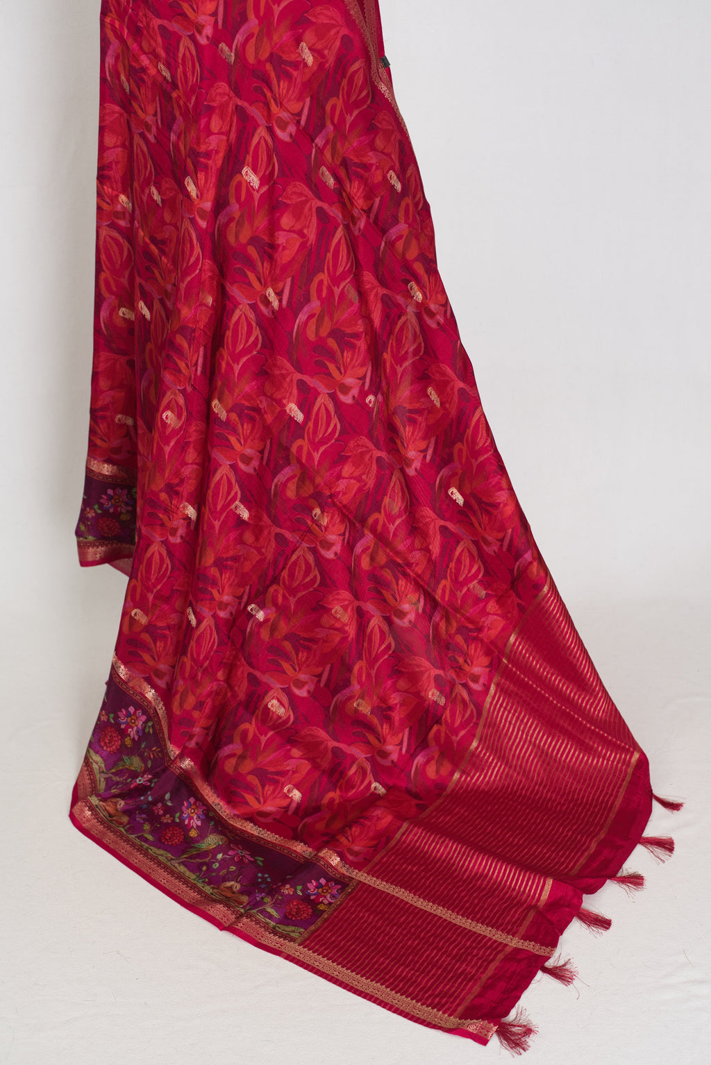 Stuti | Dark Rose Pink Dola Silk Banarasi Saree | Contrast Purple Floral Printed