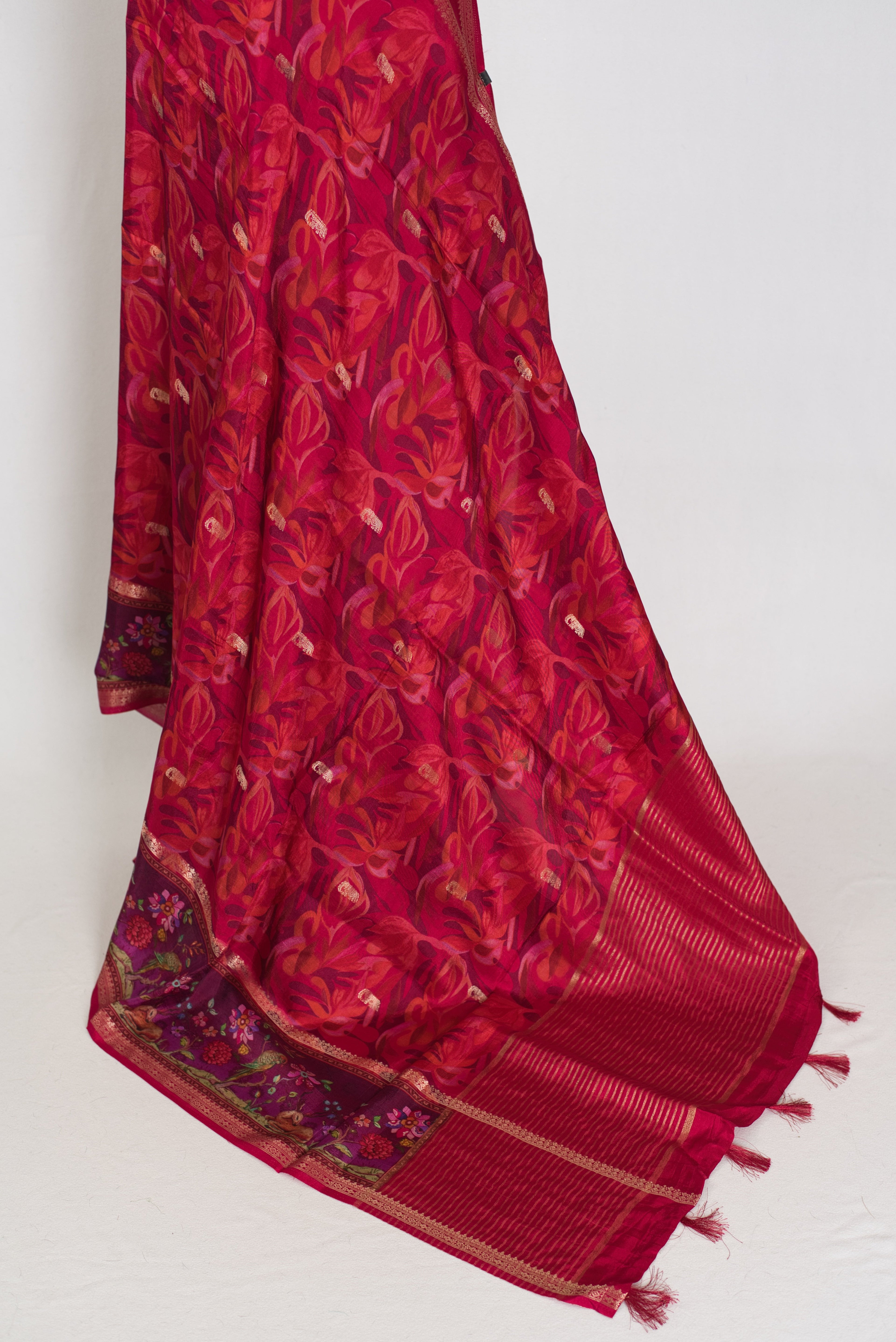 Stuti | Dark Rose Pink Dola Silk Banarasi Saree | Contrast Purple Floral Printed