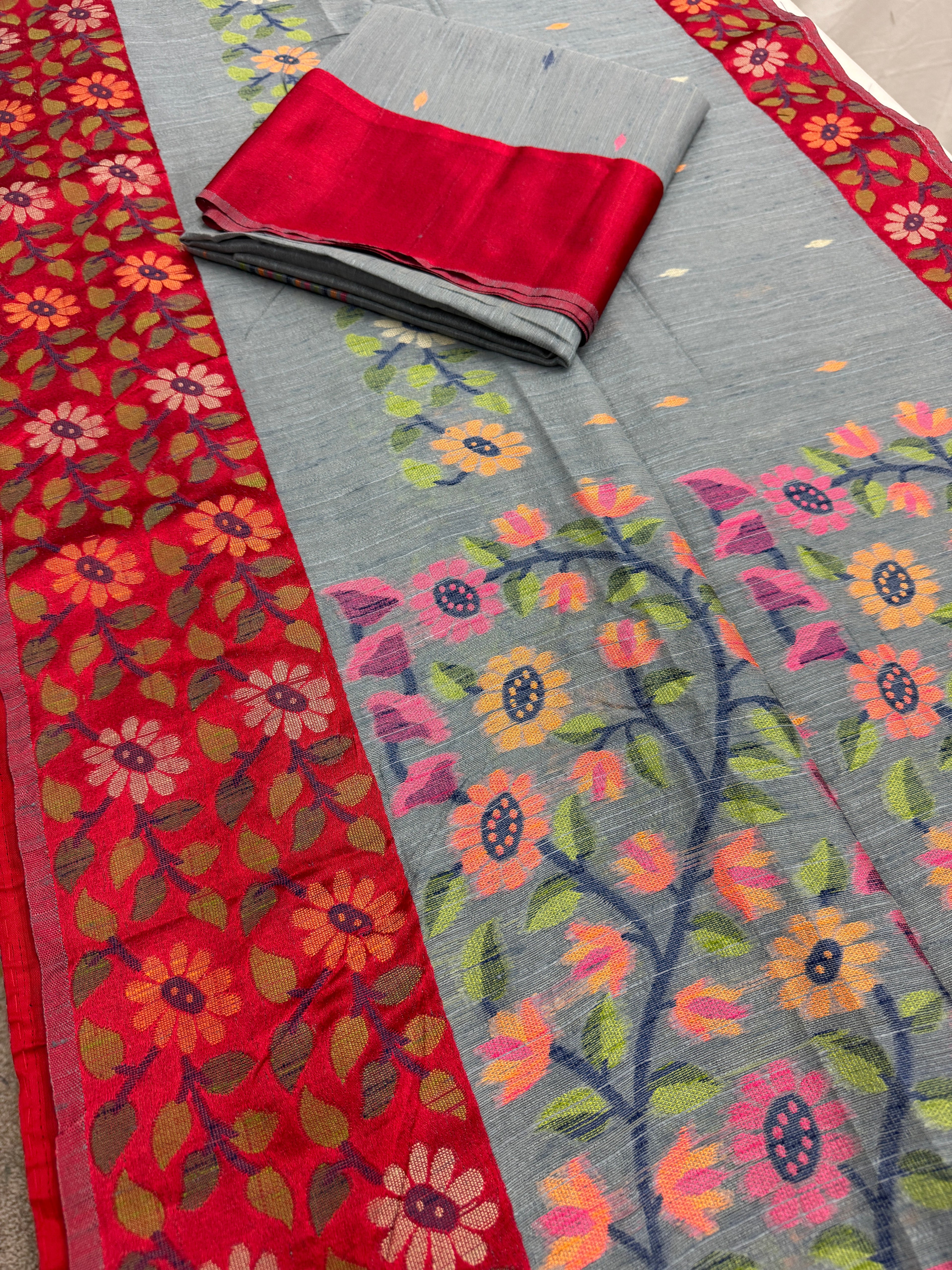 Bidisha | Grey & Red Semi Matka Tussar Jamdani Saree