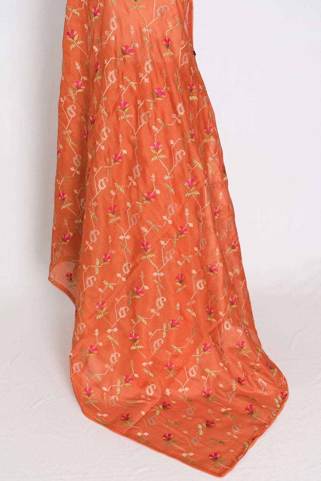 Anjani | Vibrant Orange Blended Kota Silk Saree | Soft, Flowy Machine Embroidery