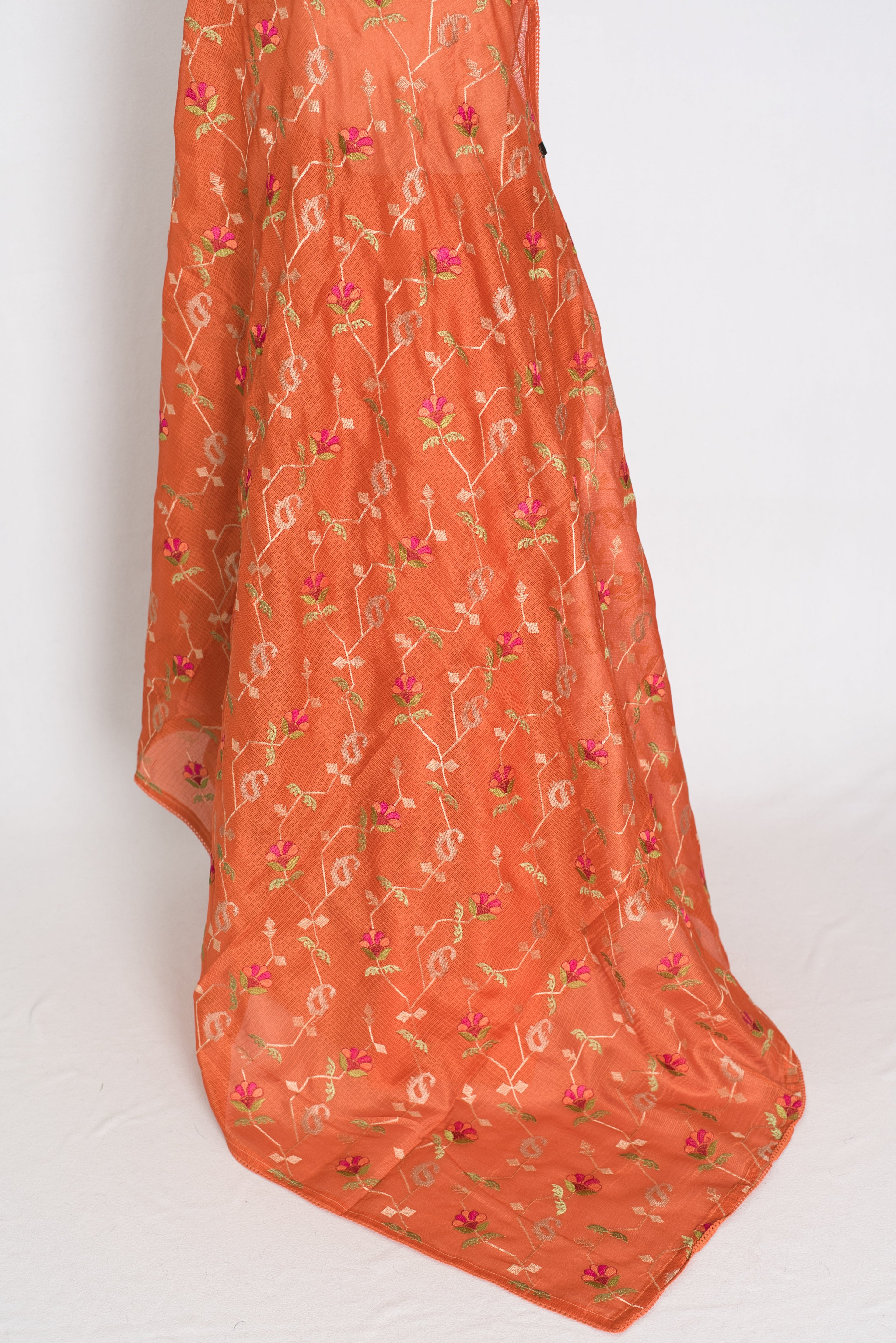 Anjani | Vibrant Orange Blended Kota Silk Saree | Soft, Flowy Machine Embroidery