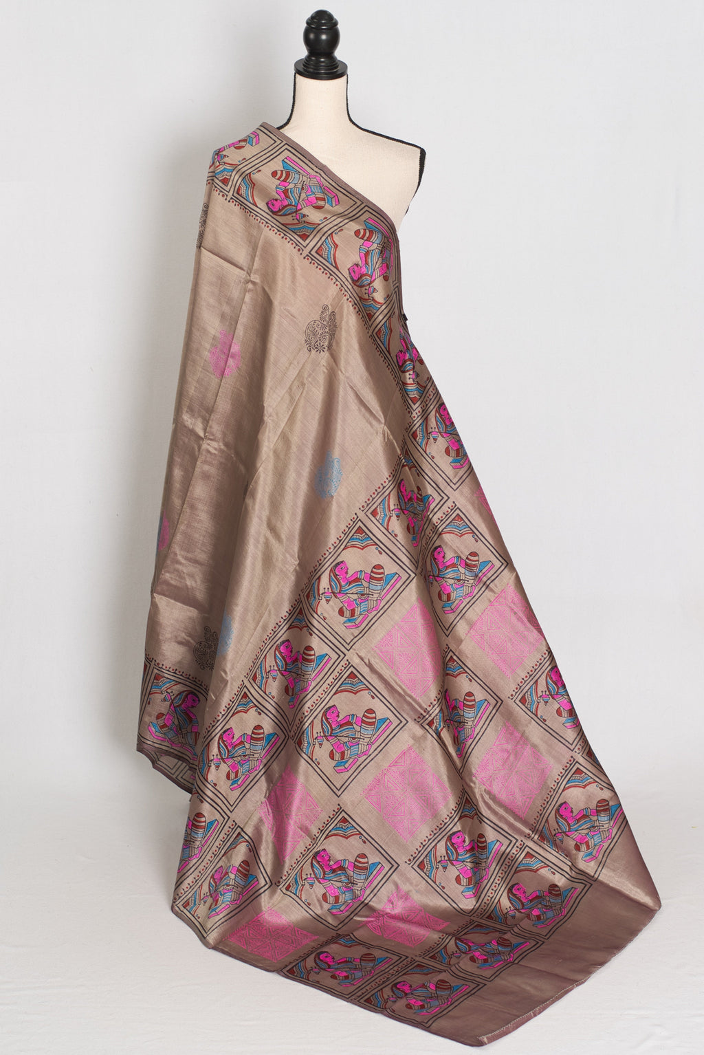 Ria | Ash Brown Hand Block Printed Bishnupur Silk Saree | 40 Size Blouse