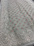 Siya | Light Sage Green Georgette Partywear Saree | Pastel Floral Embroidery