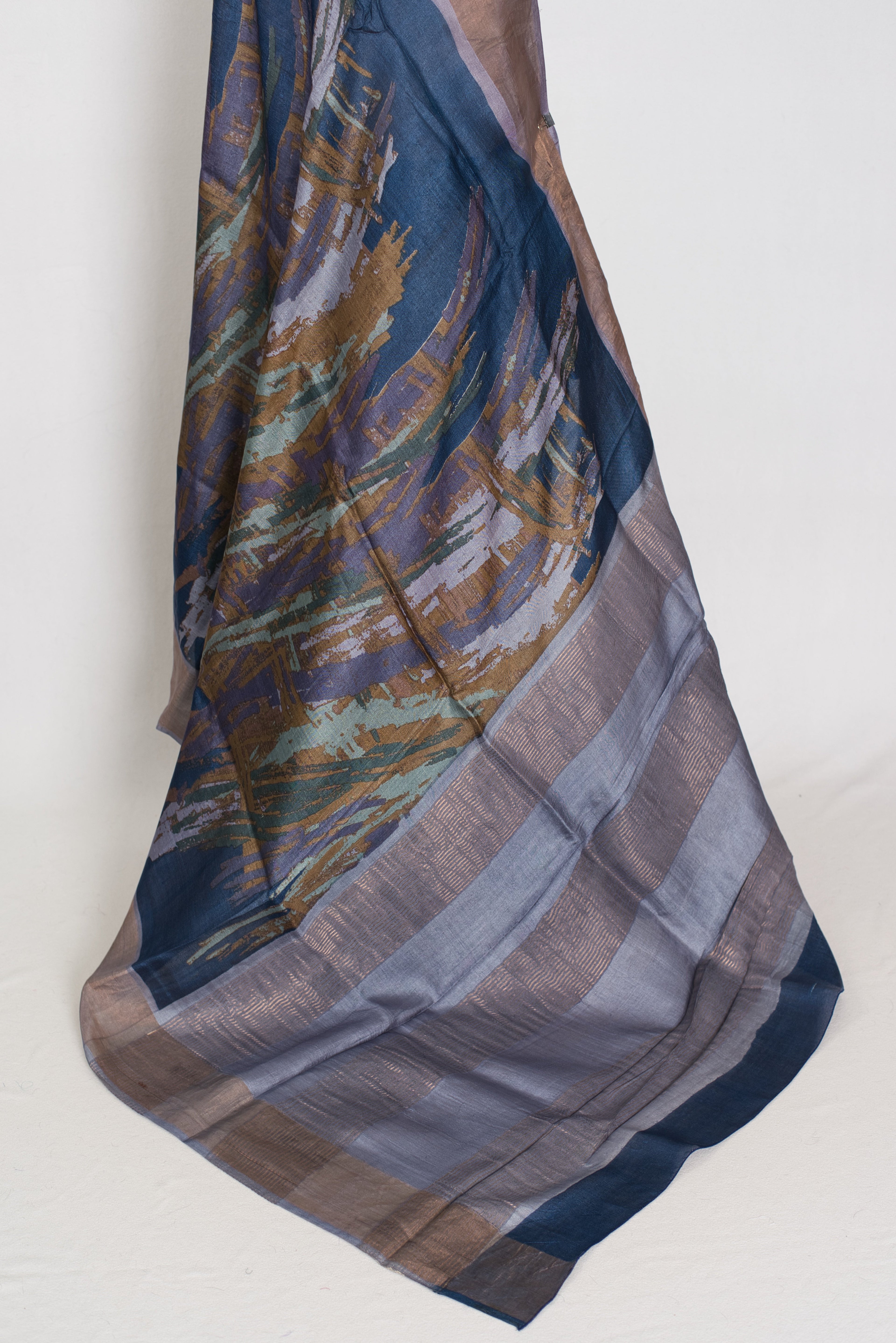 Mukta | Blue & Grey Pure Tussar Silk Saree | Contemporary Graphic Prints