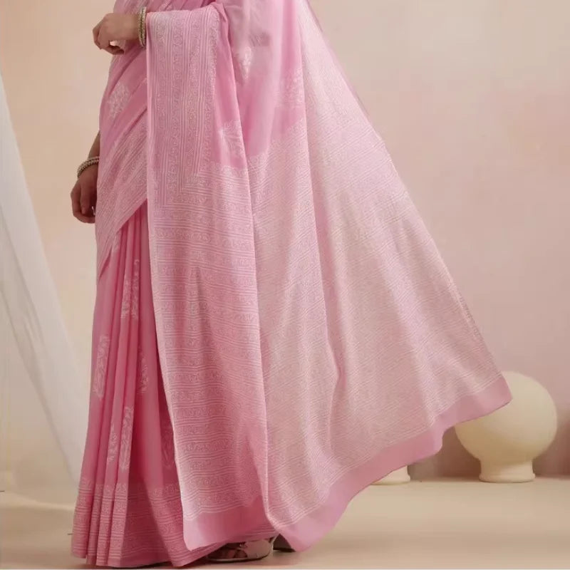 Indonesia and Nepal Chiffon Light Pink Cotton-Linen Ethnic Festival Traditional Print