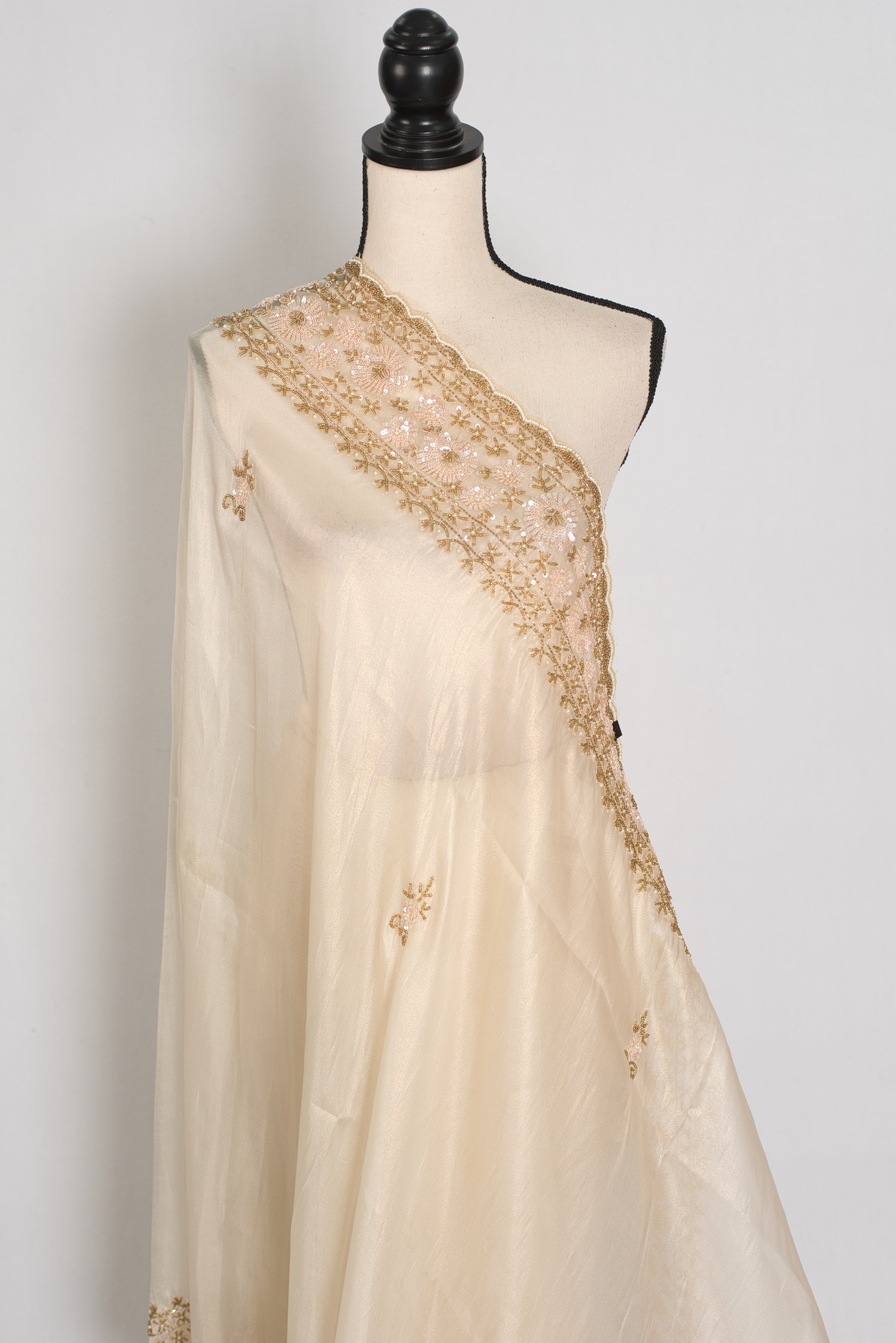 Shruti | Cream & Gold Soft Tissue Embroidered Wedding Saree | Pastel Collection