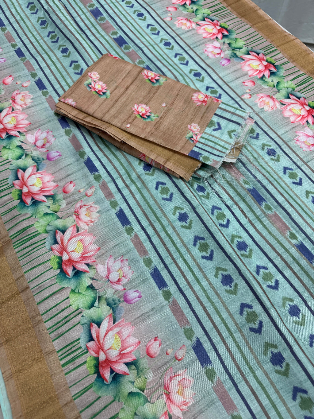 Soma | Sea Green & Earthy Brown Ikkat Fusion Semi Tussar Saree