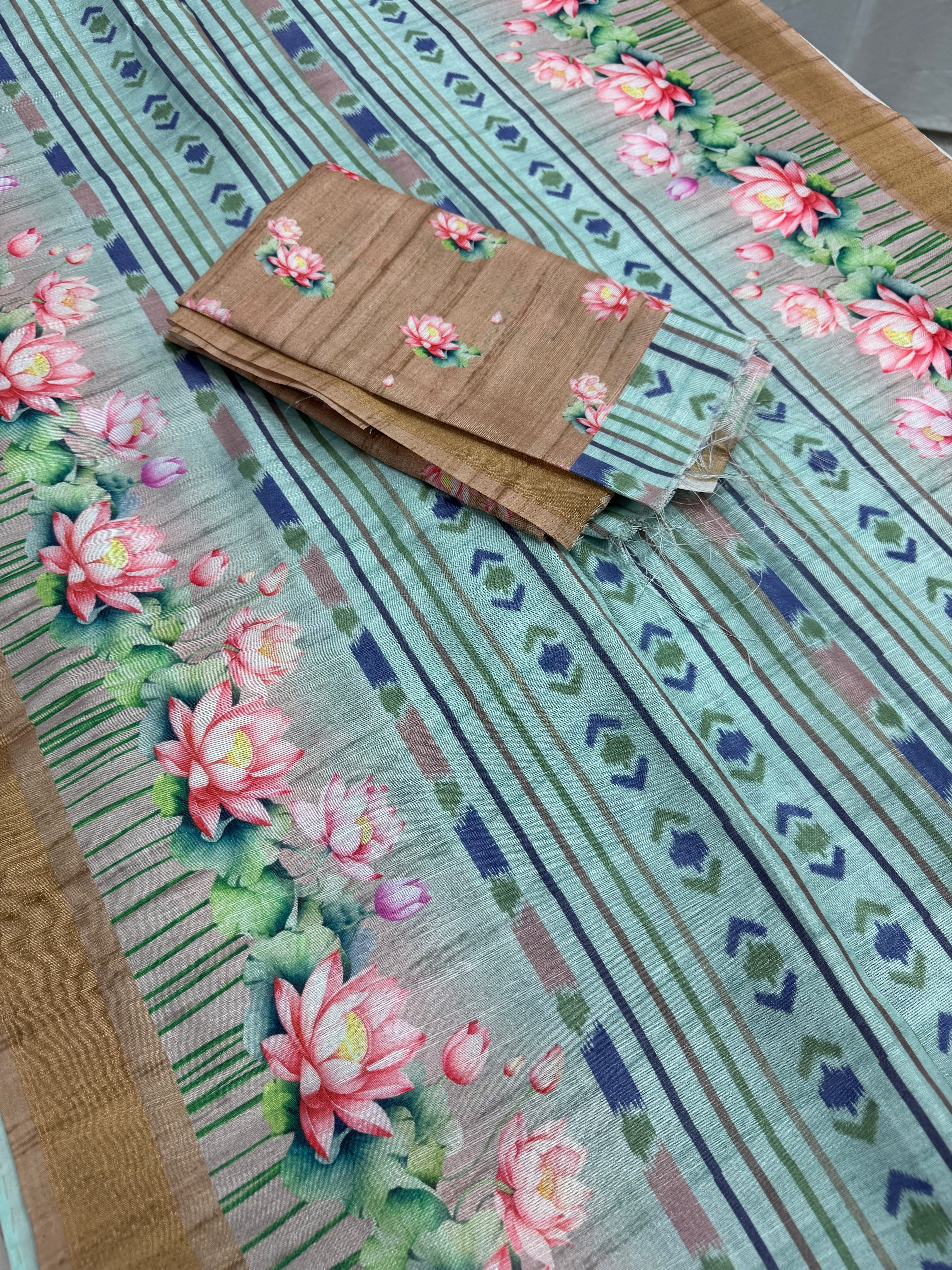 Soma | Sea Green & Earthy Brown Ikkat Fusion Semi Tussar Saree