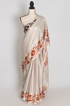 Rita | Cement White Soft Satin Saree with Traditional Kolka Prints