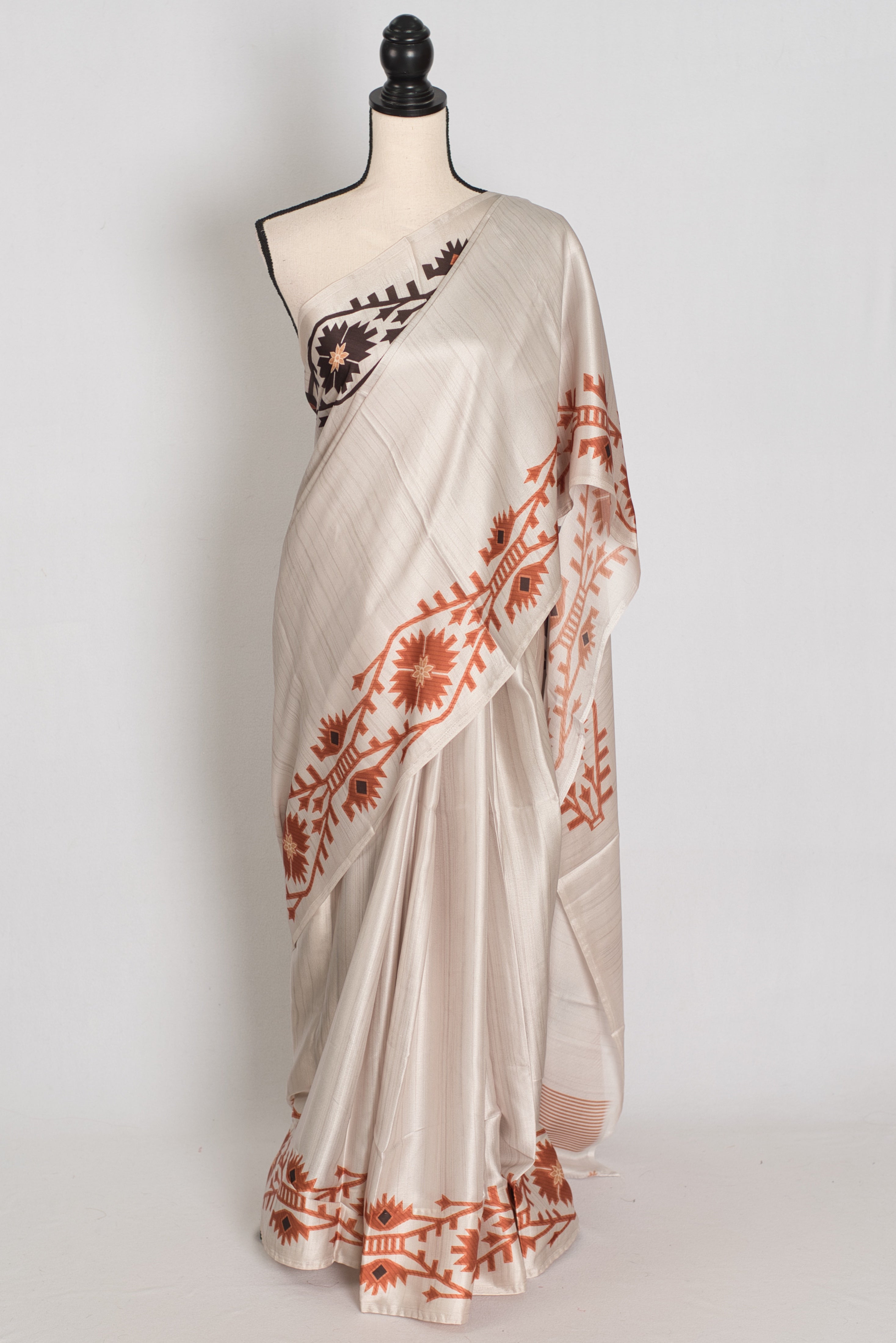 Rita | Cement White Soft Satin Saree with Traditional Kolka Prints