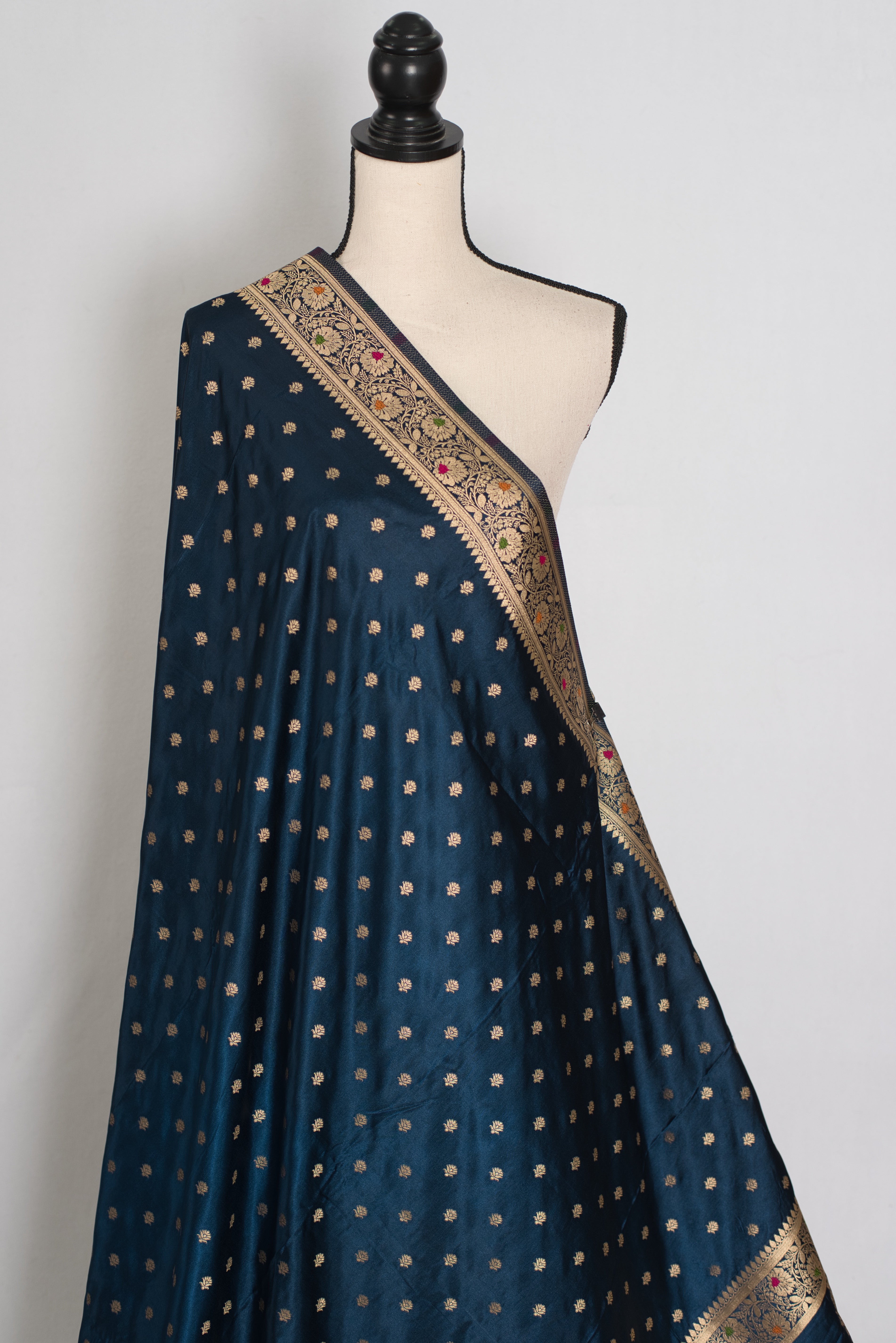 Nayan | Midnight Blue Semi Mashru Banarasi Saree | Pre-Stitched Size 38 Blouse