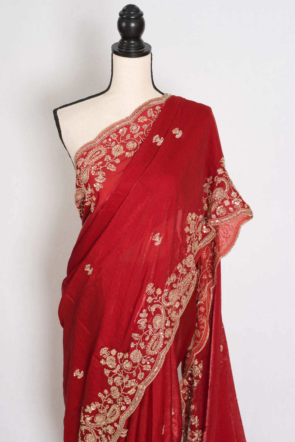 Roshni | Bright Red Tissue Saree | Pre-Stitched Size 40 Blouse