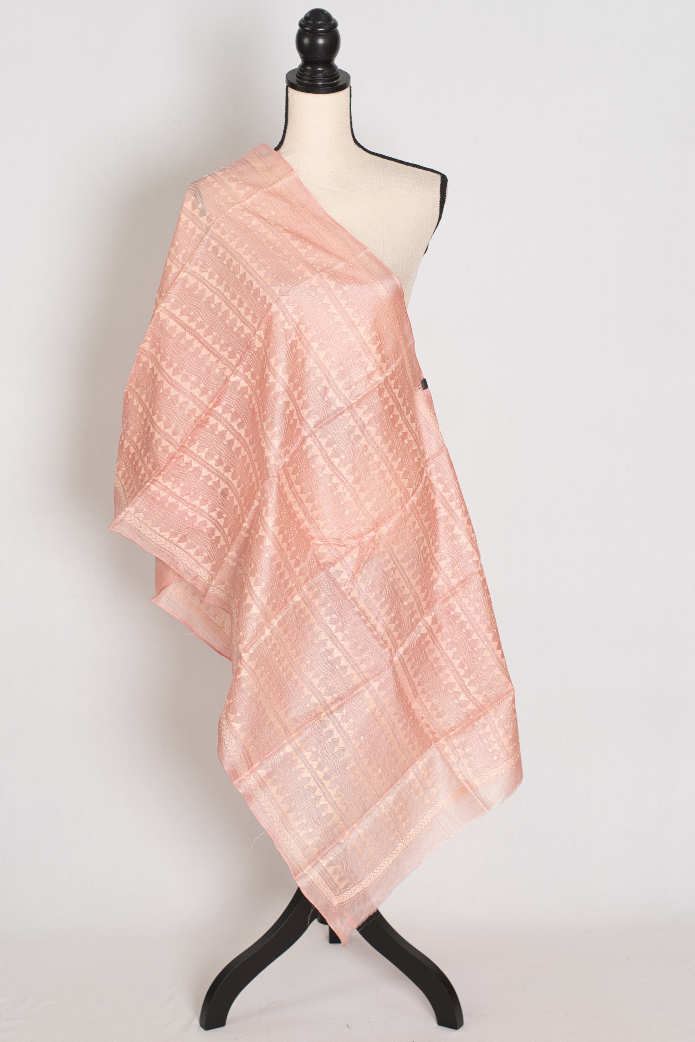 Benu : Tussar Silk Stole with Kantha Stitch – Pastel Peach Hand Embroidery