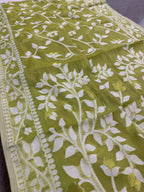 Leela : Lime Green and White Blended Soft Cotton Jamdani Saree