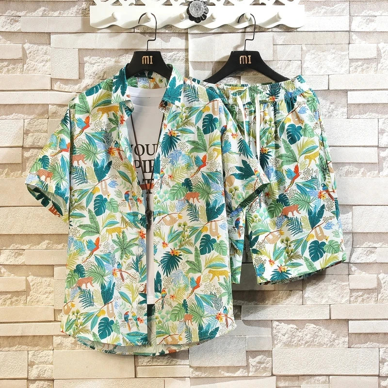 Men'ssummer Tropicalprinted Short Sleeved Shirt and Shorts Setcasual and Fashionablesuitable for Beach Vacationsand Dailyoutings
