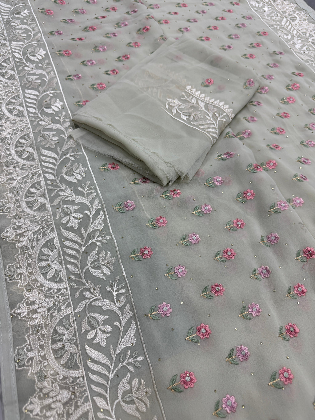 Siya | Light Sage Green Georgette Partywear Saree | Pastel Floral Embroidery