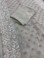 Siya | Light Sage Green Georgette Partywear Saree | Pastel Floral Embroidery