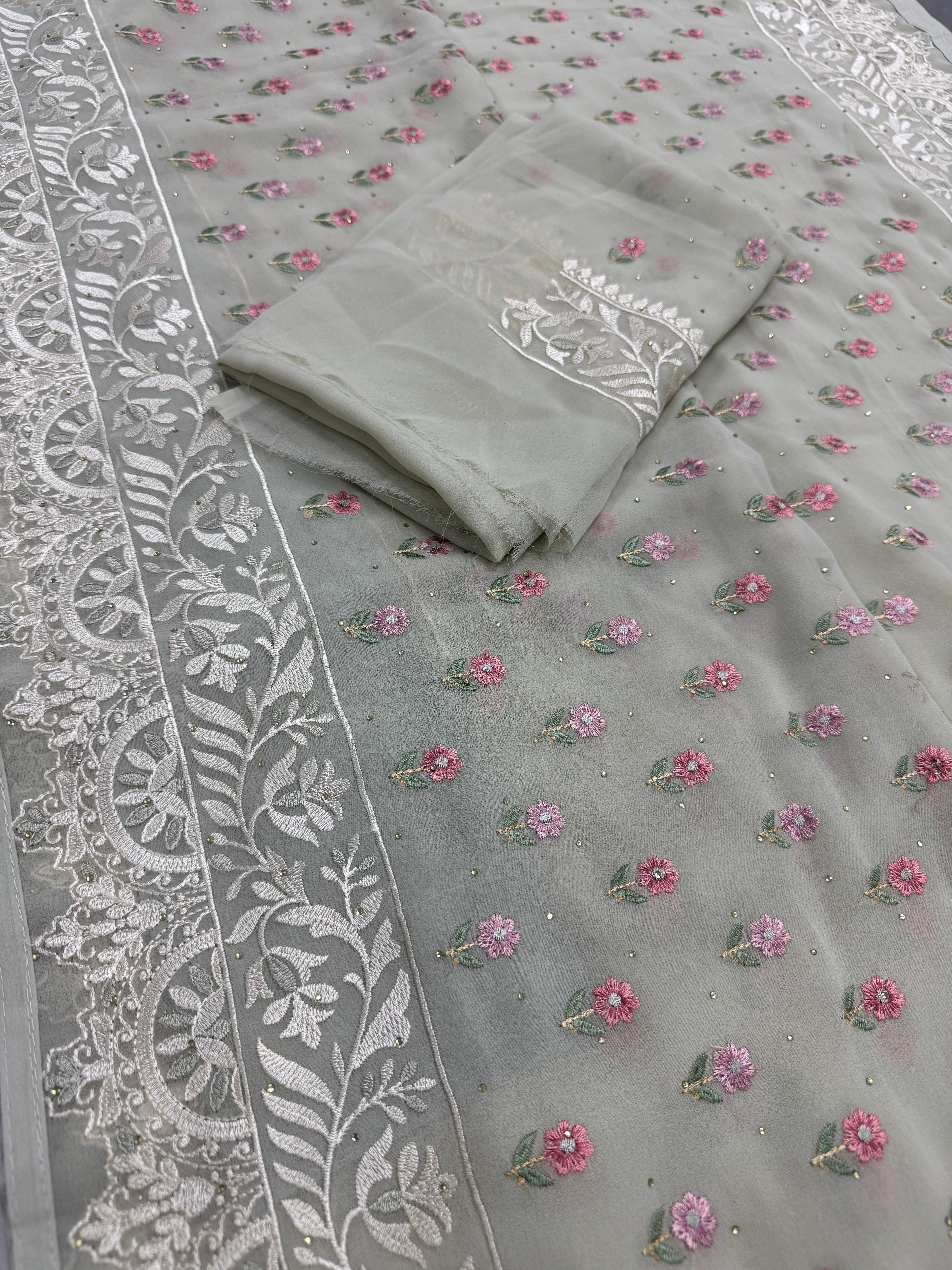 Siya | Light Sage Green Georgette Partywear Saree | Pastel Floral Embroidery