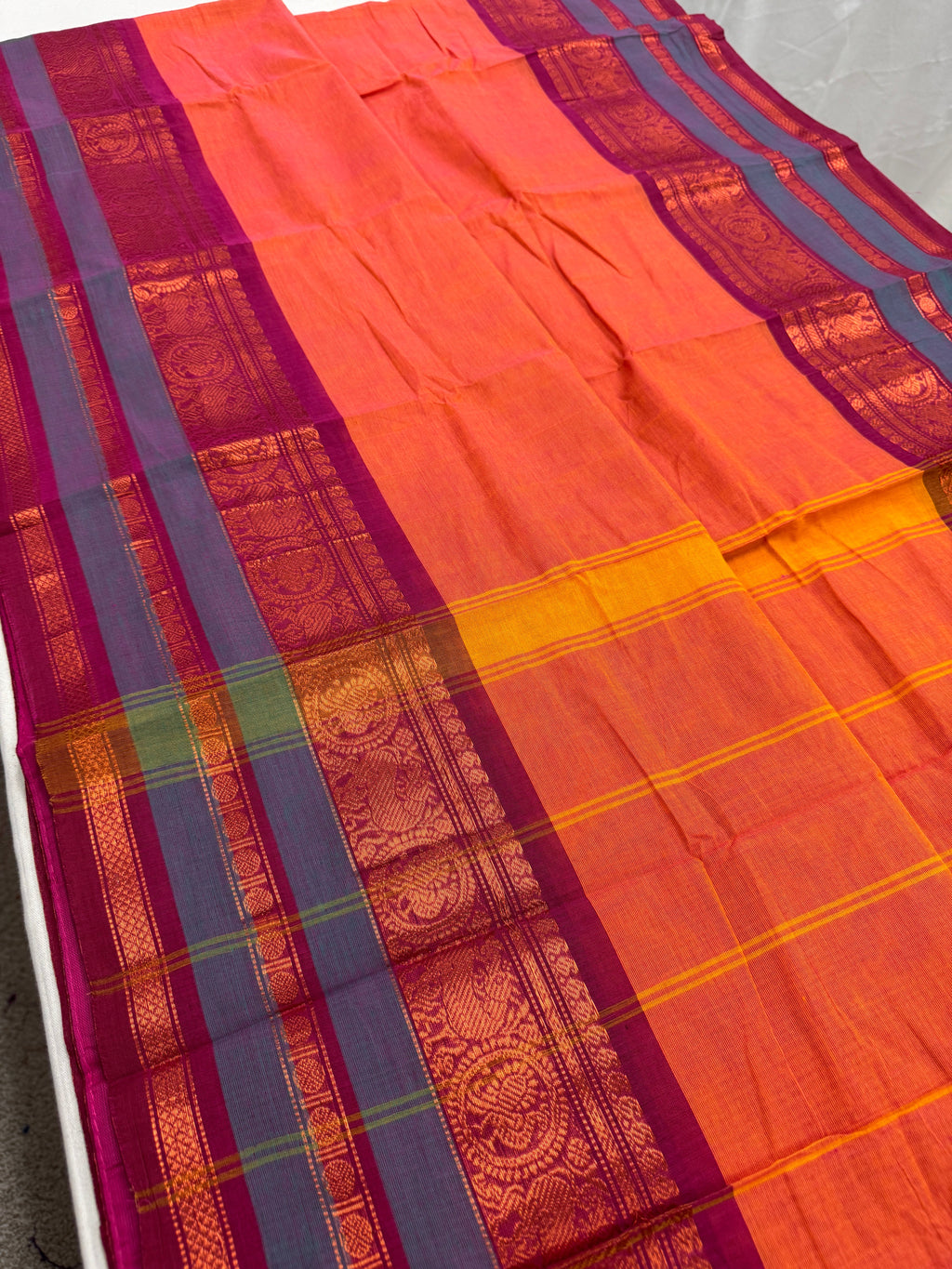 Malathi : Handwoven Kanchi Cotton Saree in Orange and Magenta
