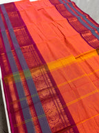 Malathi : Handwoven Kanchi Cotton Saree in Orange and Magenta