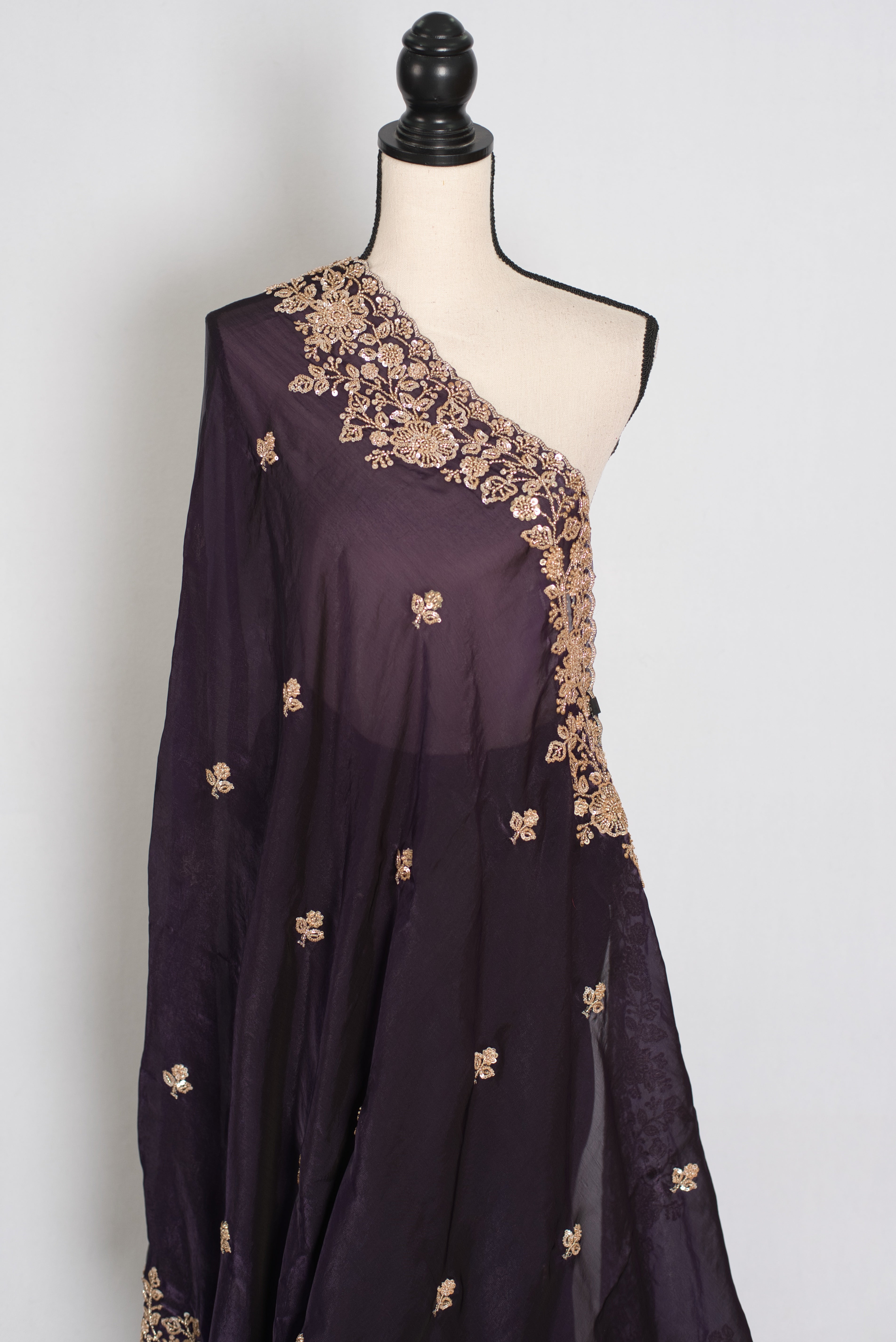 Priya | Deep Purple Tissue Saree | Stitched Size 38 Blouse (Adjustable to 40)