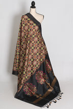 Kriti : Black and Gold Contemporary Ikkat Print Banarasi Katan Silk Saree