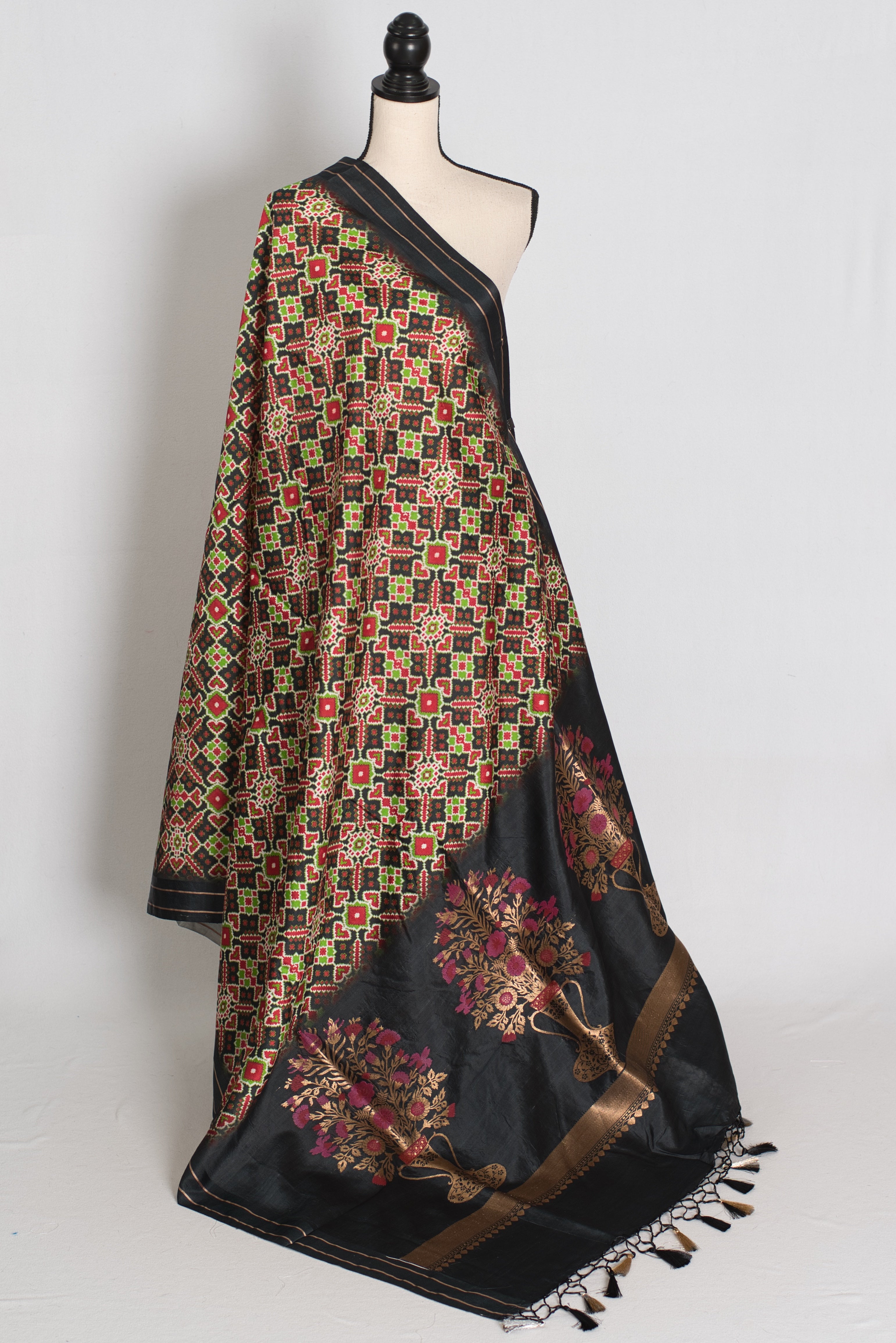 Kriti : Black and Gold Contemporary Ikkat Print Banarasi Katan Silk Saree