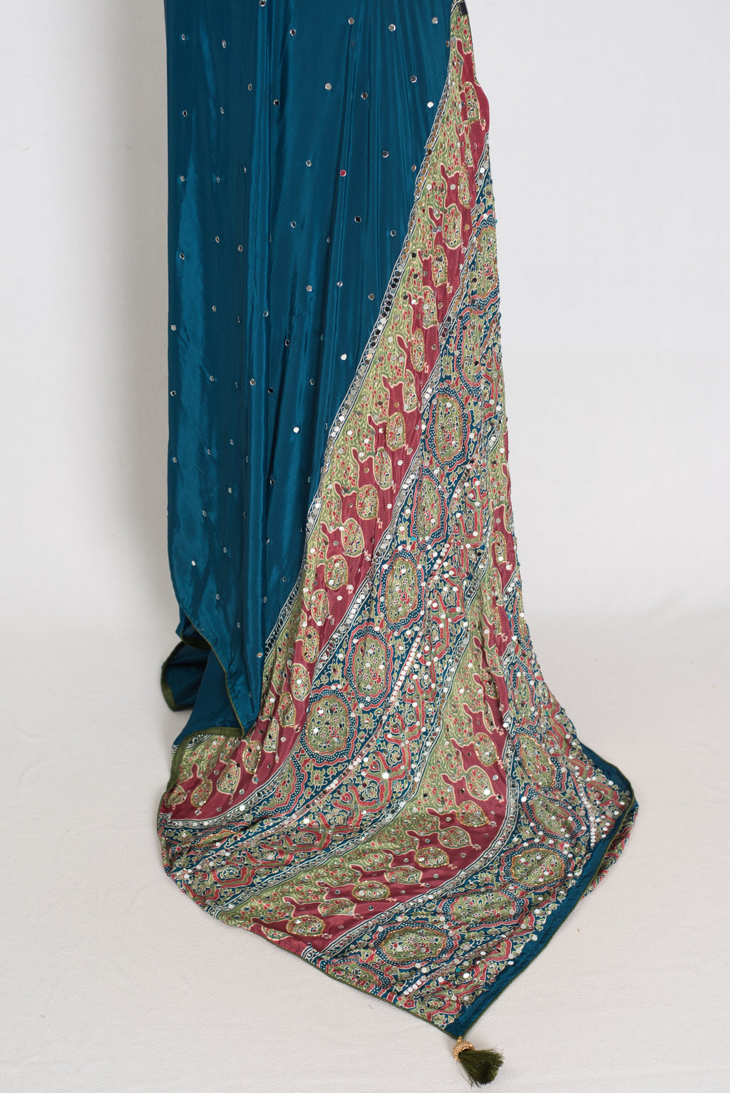 Ira | Teal Blue Mirror Work Partywear Saree | Ajrakh Printed Pallu & Blouse