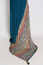 Ira | Teal Blue Mirror Work Partywear Saree | Ajrakh Printed Pallu & Blouse