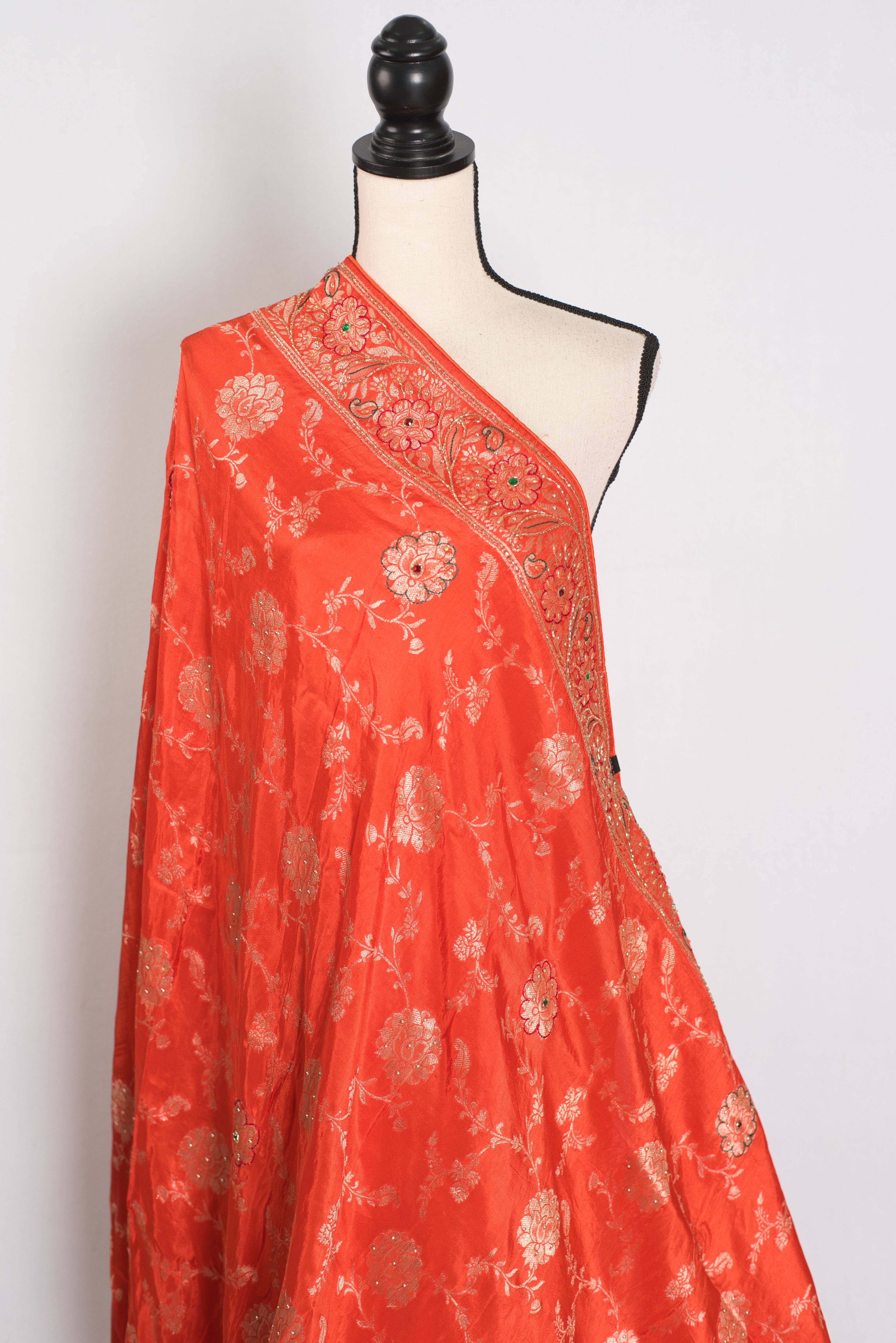Mahi : Orange and Gold Dola Silk Banarasi Saree – with Hand Embroidery
