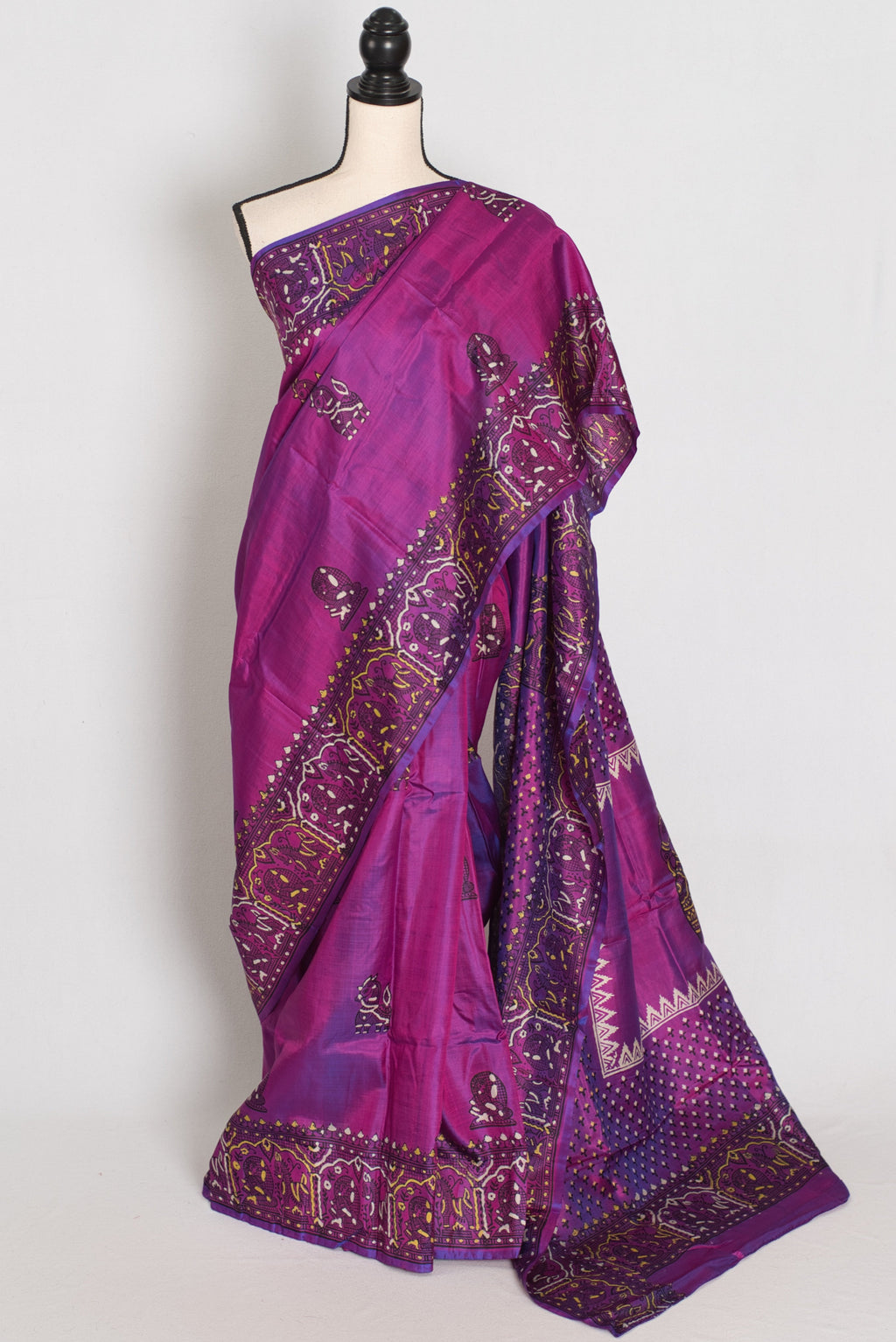 Indrani | Purple Hand Block Printed Bishnupur Katan Silk Saree | Pure Silk