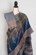 Mukta | Blue & Grey Pure Tussar Silk Saree | Contemporary Graphic Prints