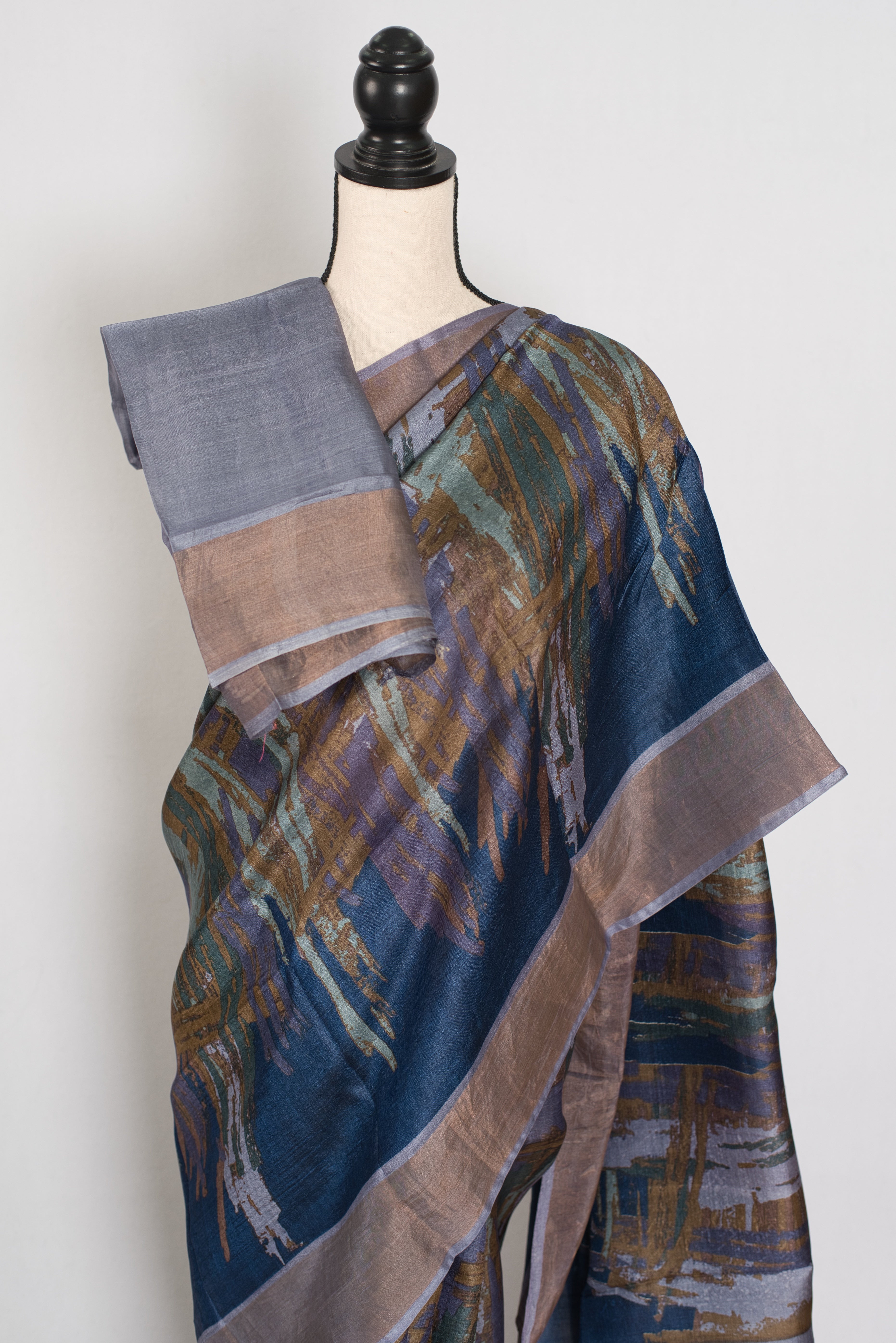 Mukta | Blue & Grey Pure Tussar Silk Saree | Contemporary Graphic Prints