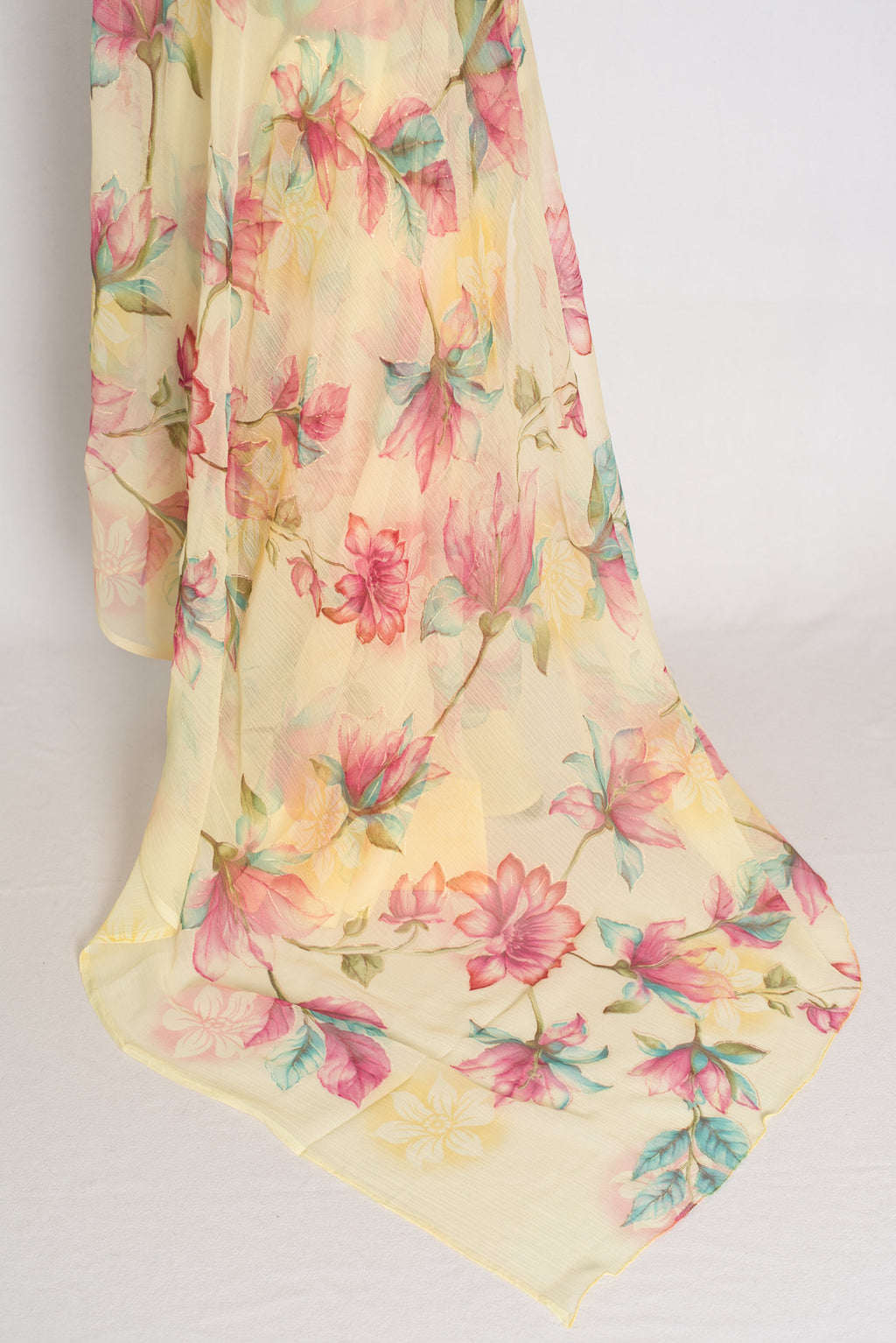 Sia : Light Yellow Floral Printed Chiffon Saree - Budget-Friendly Summer Drape