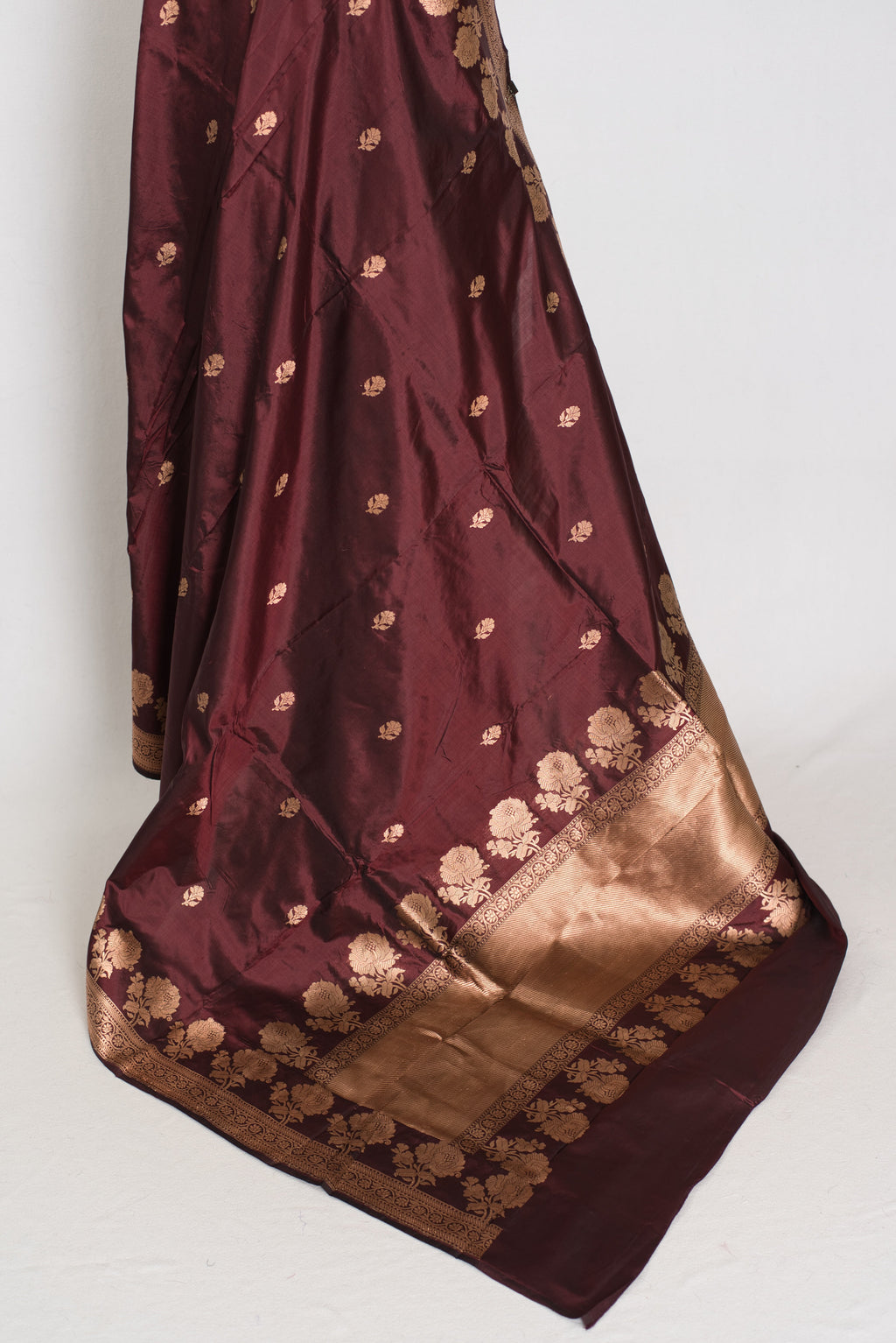 Rosa | Coffee Brown Pure Silk Banarasi Saree | Handwoven Gold Zari Rose Motifs