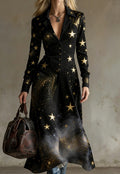 Women's Retro Gothic Style Black Dress With Gold Star Print, Lapel And Waist Fit