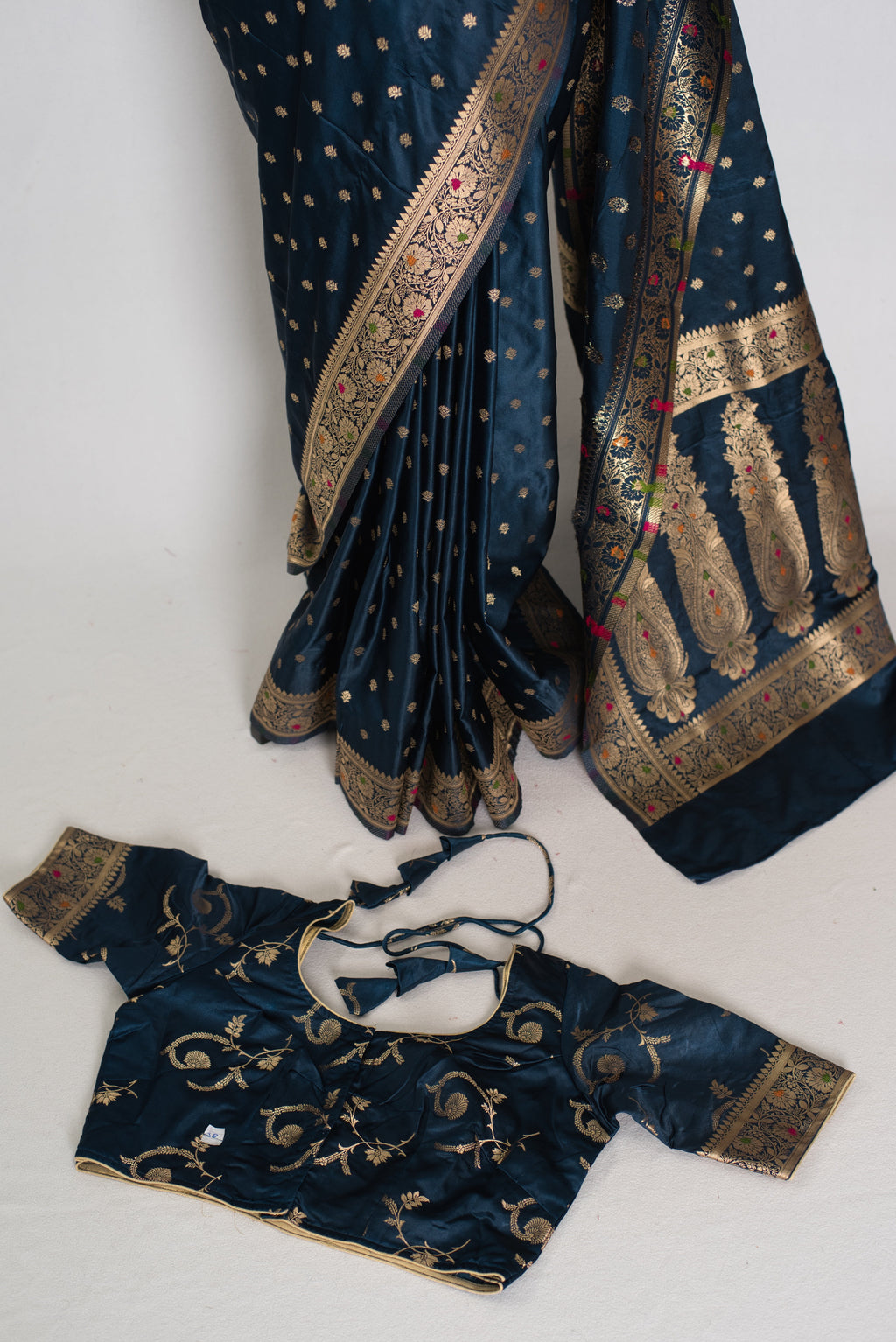 Nayan | Midnight Blue Semi Mashru Banarasi Saree | Pre-Stitched Size 38 Blouse