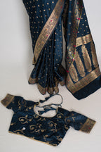 Nayan | Midnight Blue Semi Mashru Banarasi Saree | Pre-Stitched Size 38 Blouse