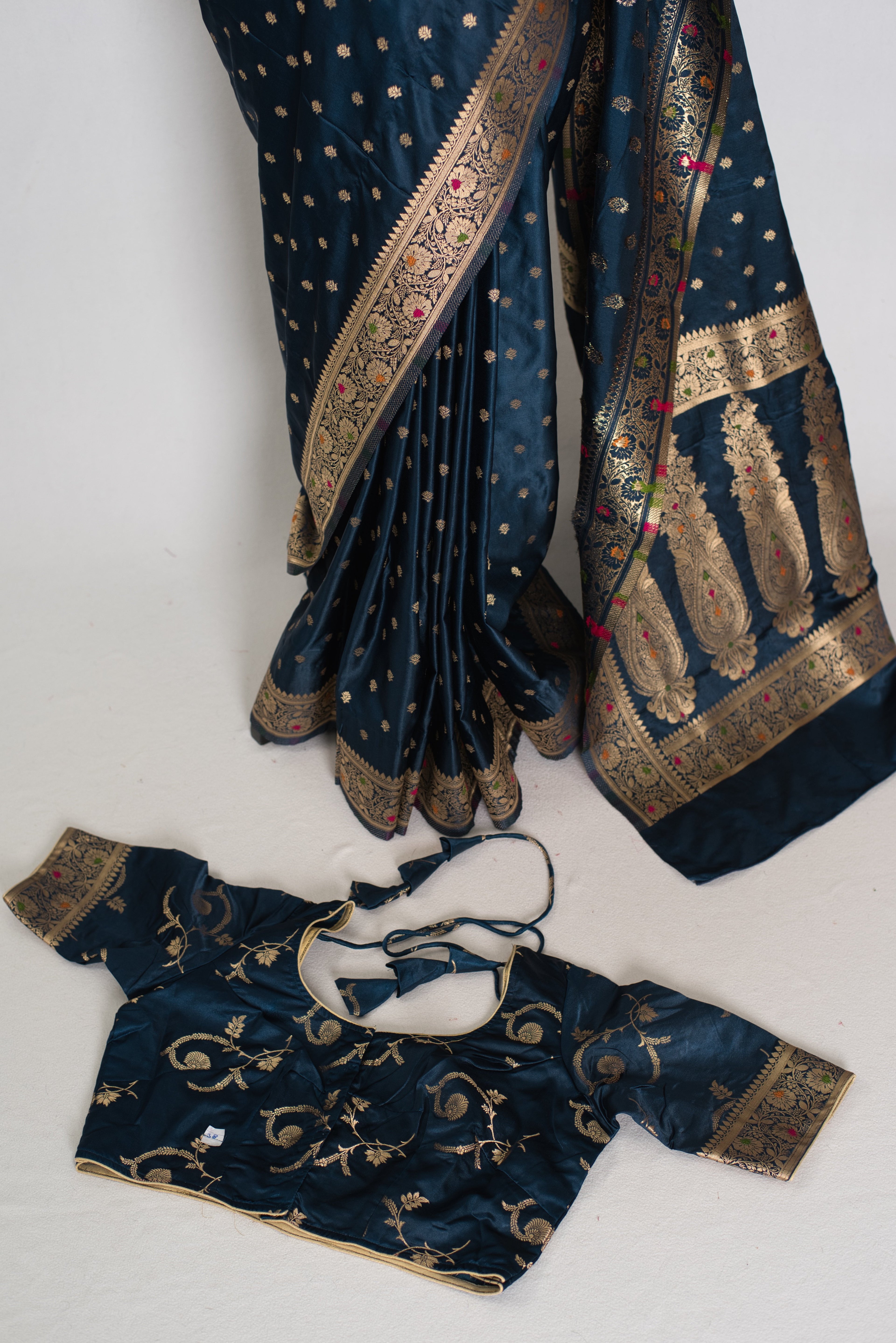 Nayan | Midnight Blue Semi Mashru Banarasi Saree | Pre-Stitched Size 38 Blouse