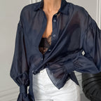 Sheer Long-sleeve Shirt Womens Fashion Elegant Casual
