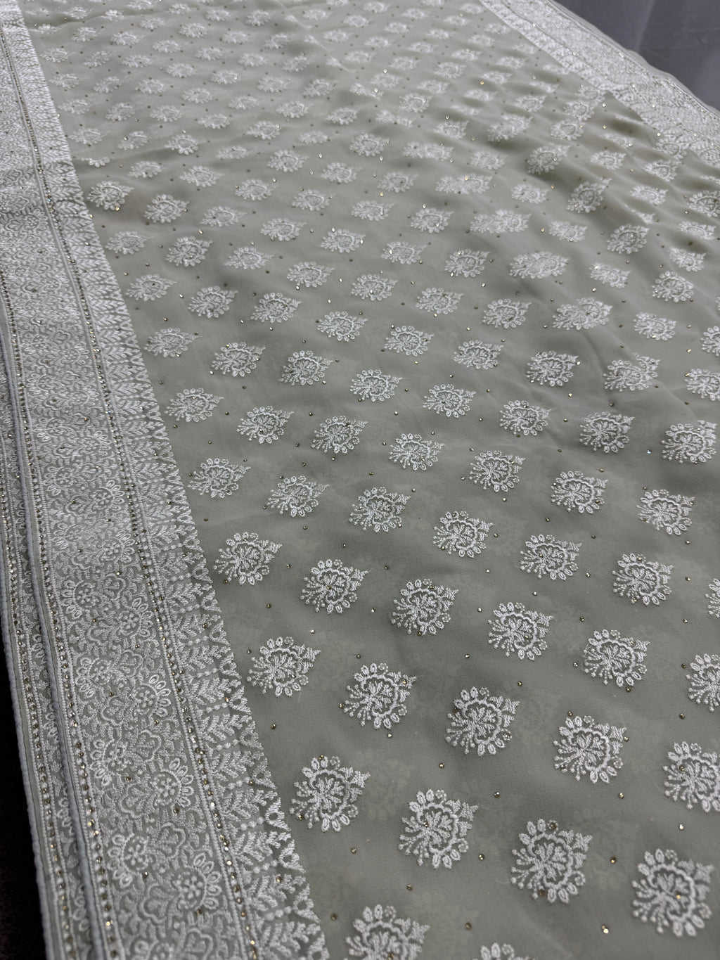 Medha | Sage Green Georgette Cocktail Saree | Elegant Pastel Floral Bootis