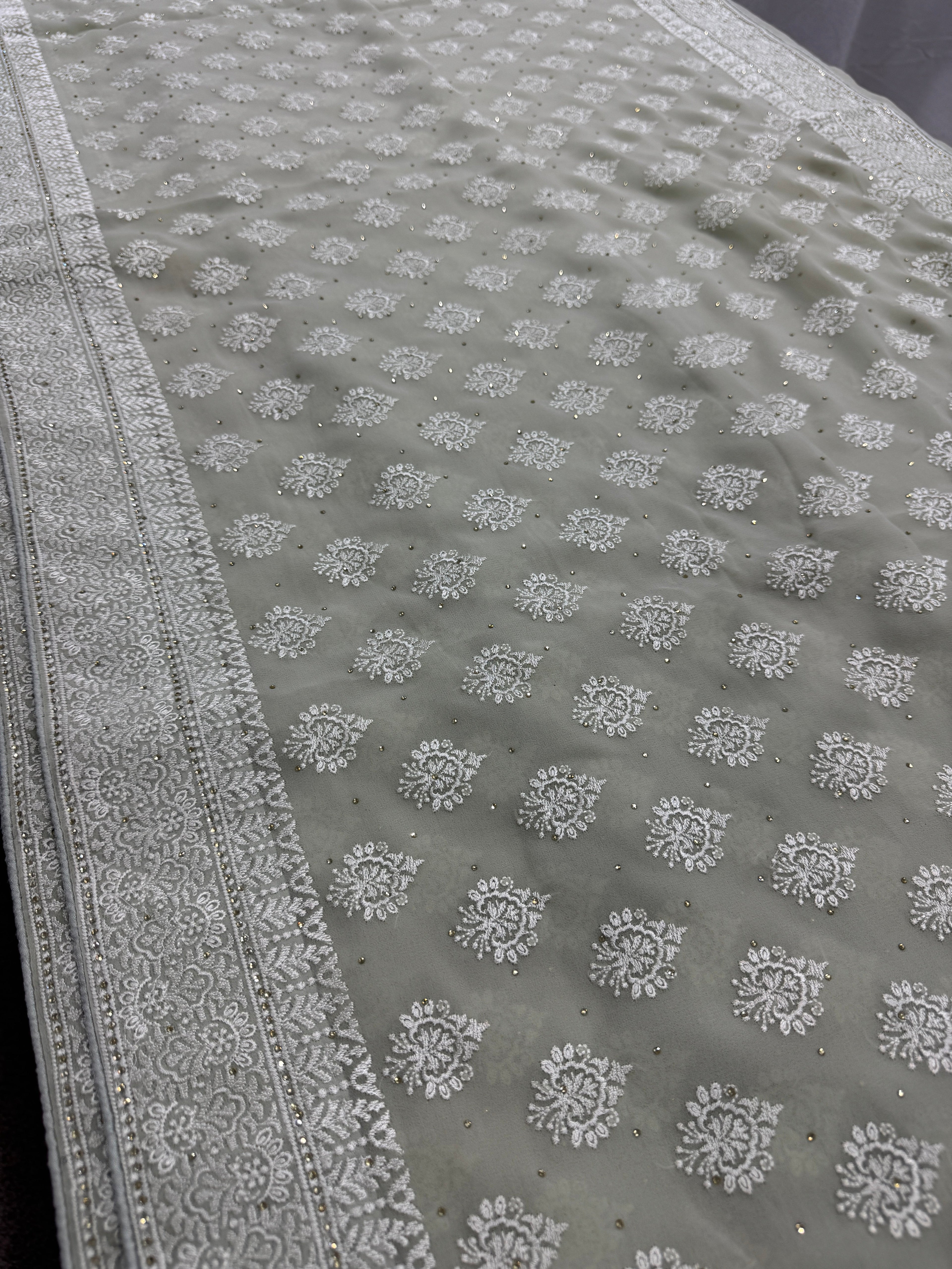 Medha | Sage Green Georgette Cocktail Saree | Elegant Pastel Floral Bootis