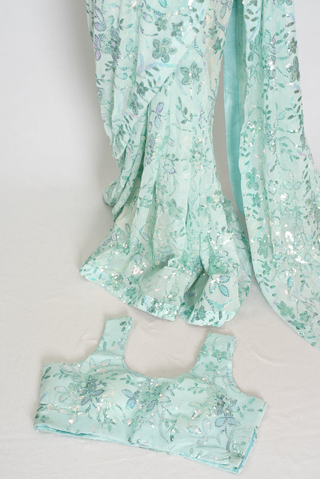 Ishq | Sea Green Soft Net Saree | Ready-To-Wear Set with Size 36 Stitched Blouse