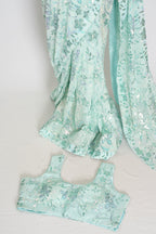 Ishq | Sea Green Soft Net Saree | Ready-To-Wear Set with Size 36 Stitched Blouse