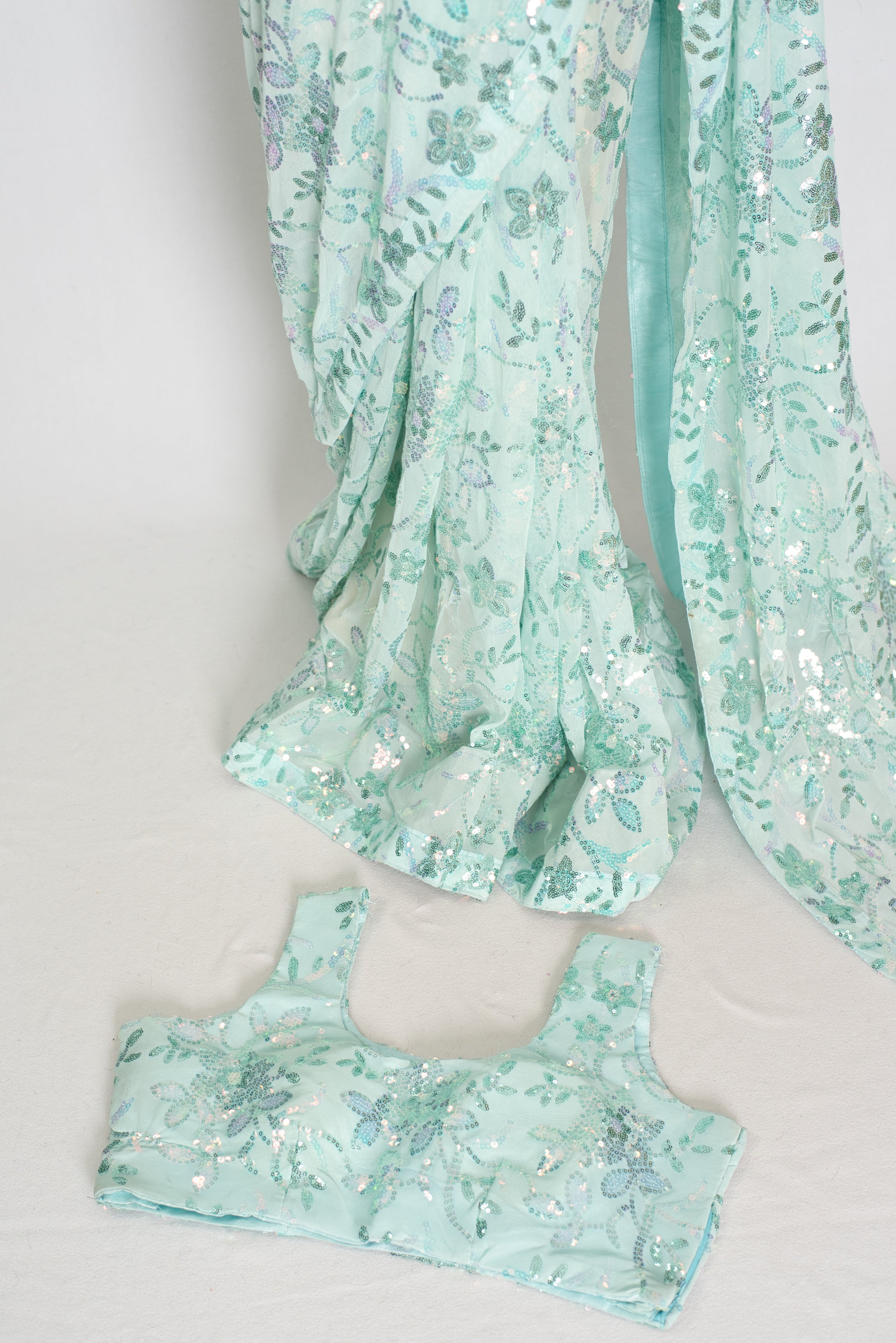 Ishq | Sea Green Soft Net Saree | Ready-To-Wear Set with Size 36 Stitched Blouse