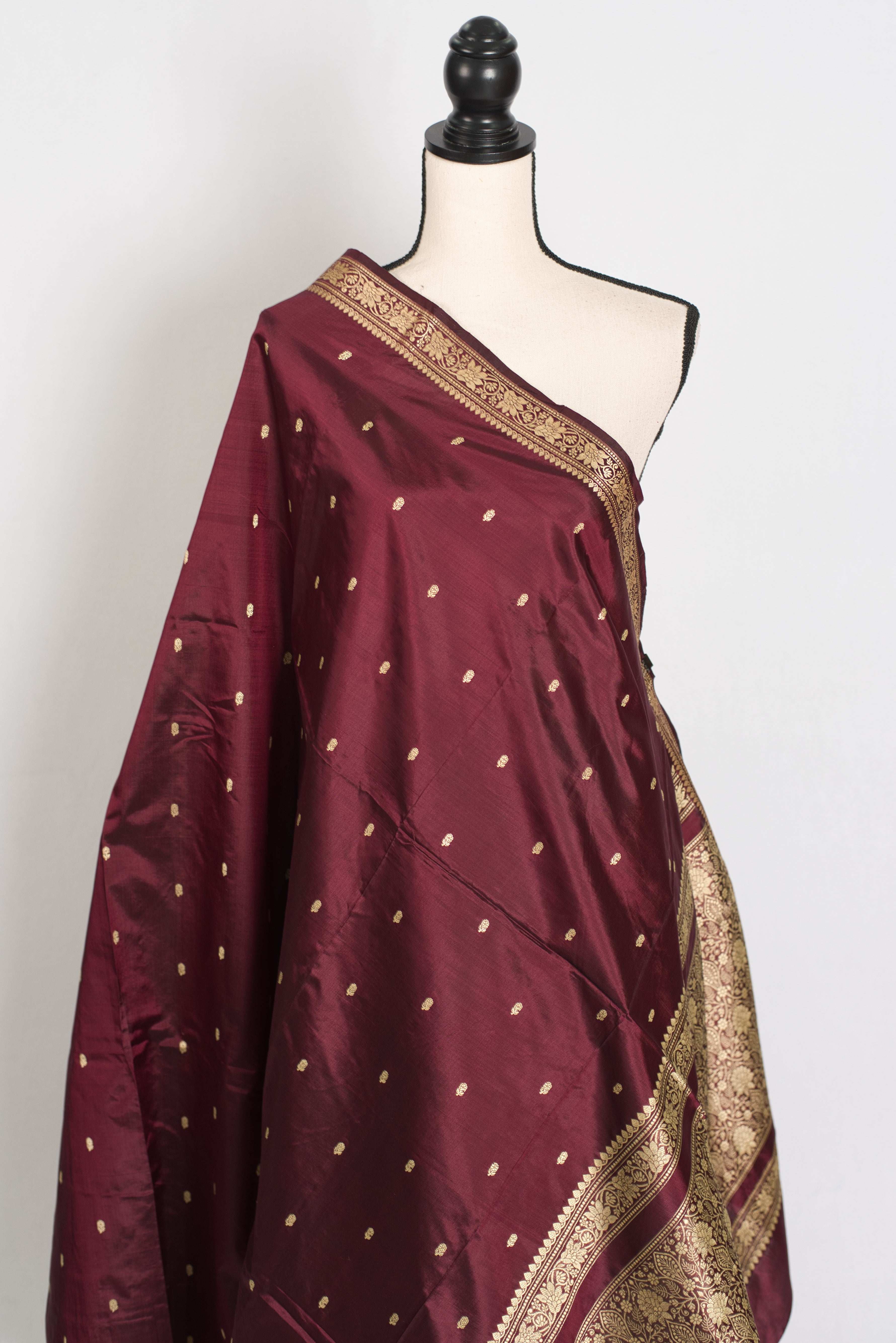 Noori : Certified Silk Burgundy Banarasi Katan Silk Saree with Resham Work
